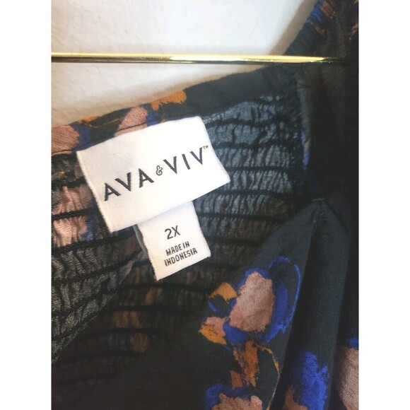 Ava & Viv Black Floral Peplum Blouse Women's 2X Prairie Neck Tie Shirred Back - Picture 2 of 8